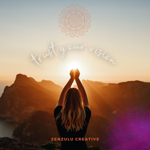 Instagram Post - A person with long hyour vision" and "ZENZULU CREAair stands facing a sunset over mountains, holding hands up towards the sun. Text reads "trust your vision"