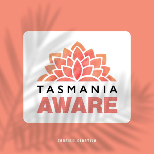 Instagram Post - A logo with a stylized flower design in shades of orange and pink, with the words "TASMANIA AWARE" in bold letters, set against a coral background with a shadow of palm leaves. Zenzulu Creative